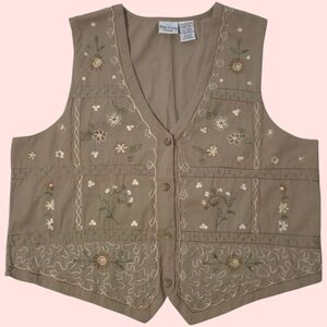 90s VTG Bobbie Brooks Woman Floral Embroidered Brown Vest – Size: 18W/20W